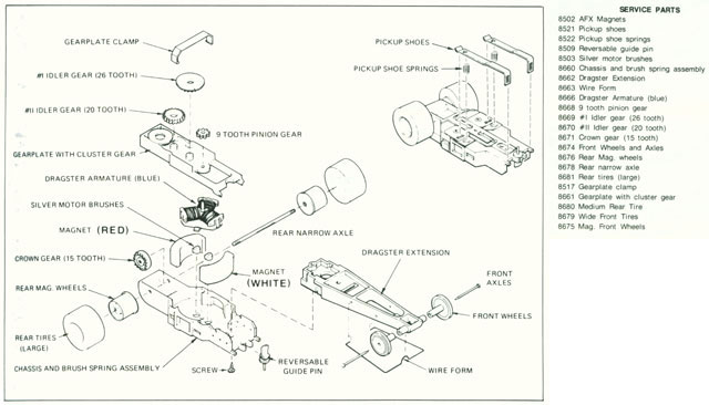 Exploded view of Aurora AFX Dragster Slot Car Chassis (pre Magna-Traction)