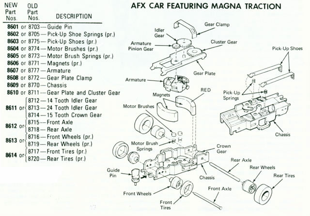 Exploded view of Aurora AFX Magna-Traction Flamethrower Slot Car Chassis