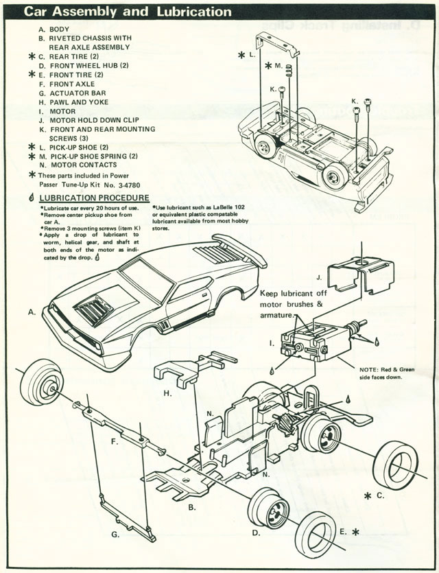 Exploded view of view of Lionel Power Passers A HO Slotless Car Chassis