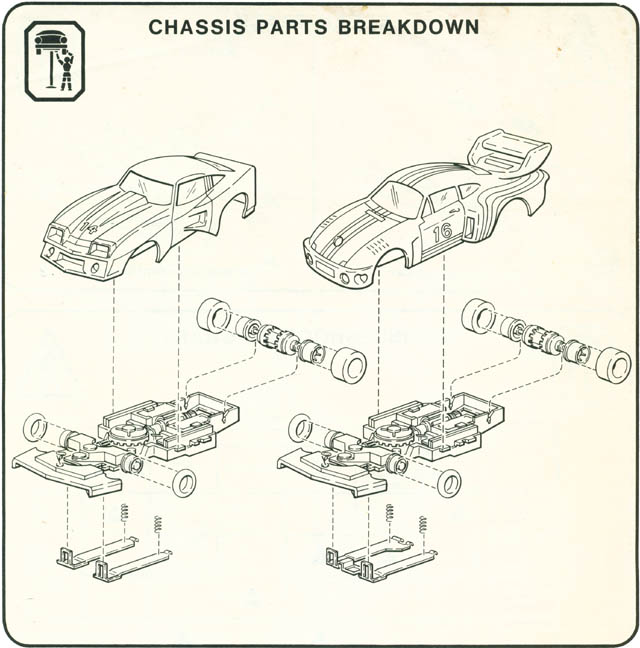 Exploded view of Matchbox RPS A HO Slotless Car Chassis