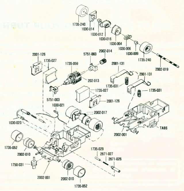 Exploded view of Aurora AFX Blazin' Brakes Slot Car Chassis