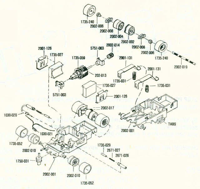 Exploded view of Aurora AFX Cat's Eyes Slot Car Chassis