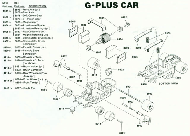 Exploded view of Aurora AFX G-Plus Narrow Fixed Axle Slot Car Chassis