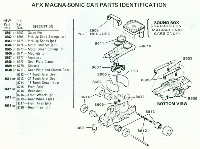 Exploded view of Aurora AFX Magna-Sonic 4 Arm Clip Slot Car Chassis