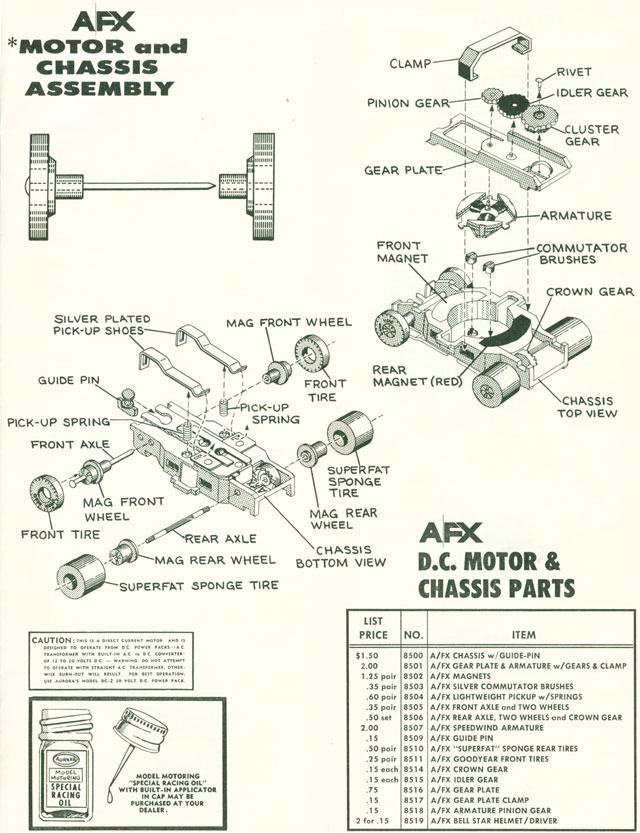 Exploded view of Aurora AFX Slot Car Chassis (pre Magna-Traction)