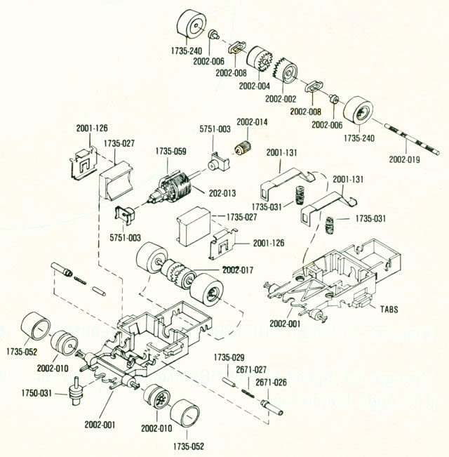 Exploded view of Aurora AFX Speed Shifters Slot Car Chassis