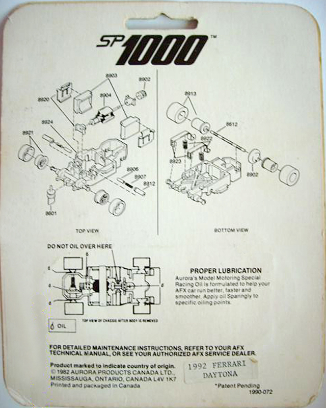 Exploded view of Aurora AFX SP-1000 Slot Car Chassis