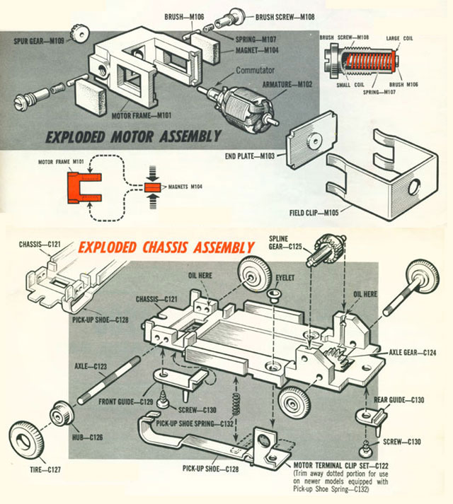 Exploded view of Atlas HO Scale Slot Car Chassis