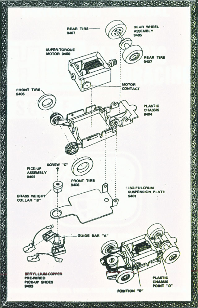 Exploded view of Bachmann Blasters HO Slot Car Chassis