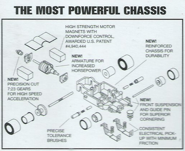 Exploded view of Life-Like Power Trackers M-Car HO Slot Car Chassis