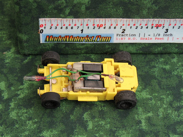 Top view of MR1 Lighted Yellow HO Slot Car Chassis