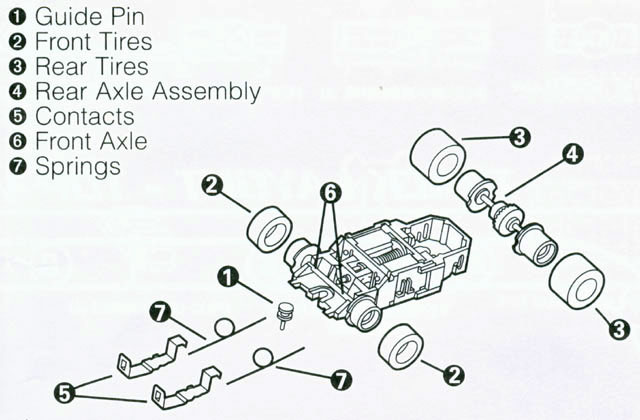 Exploded view of Mattel HPX2 Electric Hot Wheels HO Slot Car Chassis