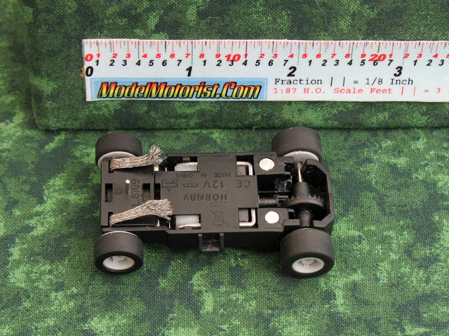 Bottom view of MicroScalextric Wide Mount HO Slot Car Chassis