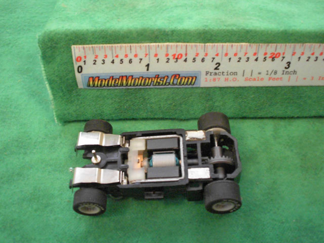 Bottom view of MR1 Racing Dual Lighted HO Slot Car Chassis