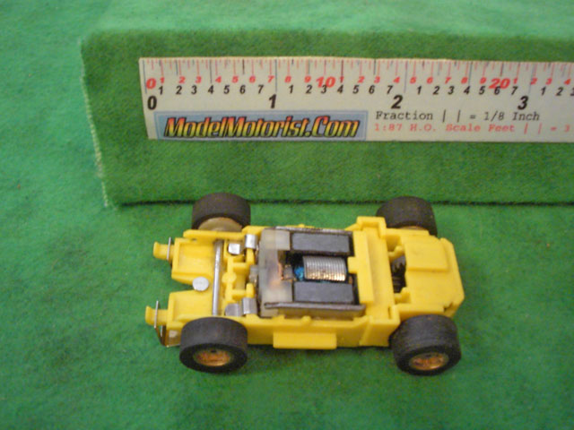 Top view of MR1 Racing Yellow HO Slot Car Chassis