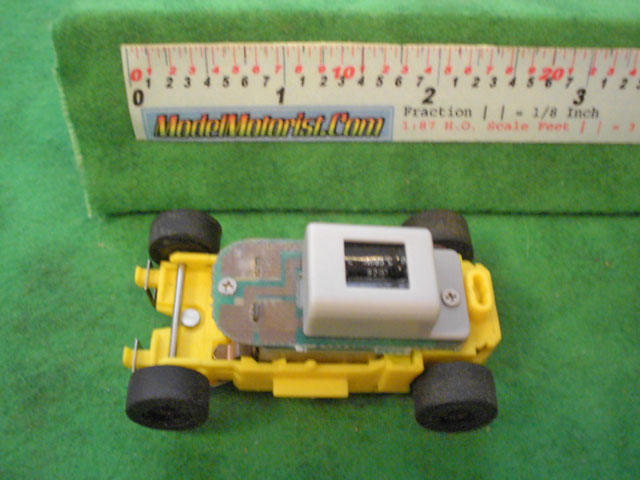 Top view of MR1 Racing Yellow 911 HO Slot Car Chassis