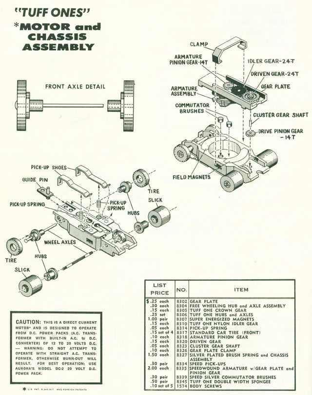 Exploded view of Aurora Thunderjet Tuff Ones Slot Car Chassis