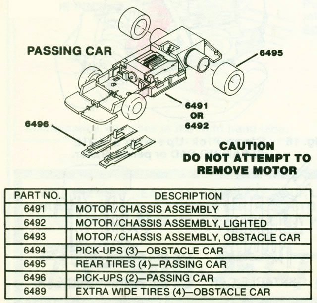 Exploded view of Tyco Command Control Racing A Car HO Slotless Car Chassis