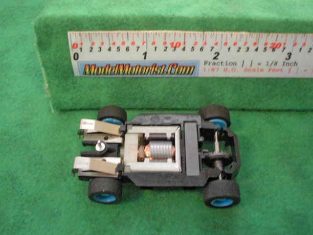 Bottom view of Tyco HP-7 HO Slot Car Chassis