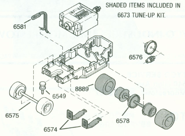 Exploded view of Tyco Lighted HP-7 HO Slot Car Chassis