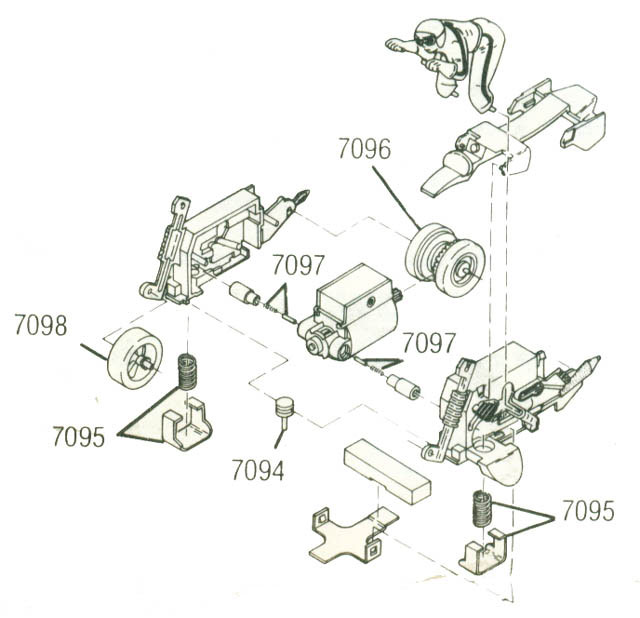 Exploded view of Tyco Motorcycle Slot Car Chassis