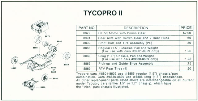 Exploded view of Tyco TycoPro II Lighted HO Slot Car Chassis