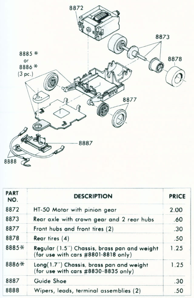 Exploded view of Tyco TycoPro HO Slot Car Chassis