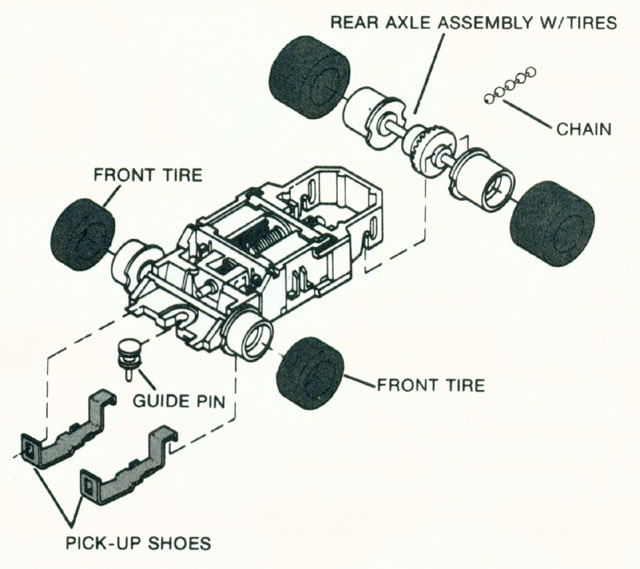Exploded view of Tyco Turbo Train HO Engine Chassis
