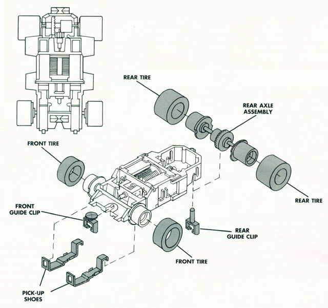 Exploded view of Tyco X-Treme HO Slot Car Chassis